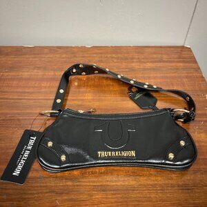 NWT True Religion Shiny Black Horseshoe Studded Shoulder Handbag Charm Gold
